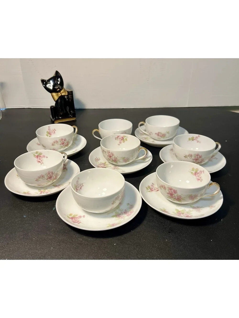 O&EG Royal Austria 1900s Roses Pink Floral Porcelain 8 Cups 7 Saucers Set